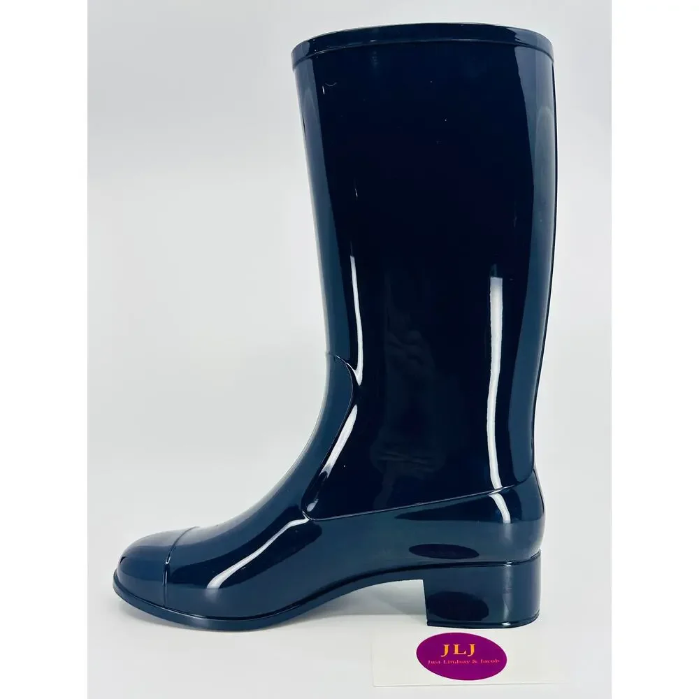 Jeffrey Campbell Women's Showers Tall Navy Blue Glossy Cap Toe Rain Boots Size 6